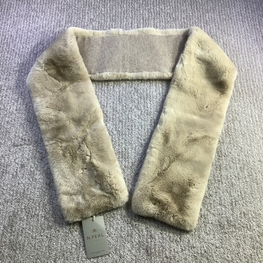 N.Peal London 100% Cashmere Rabbit Fur‎ Long Scarf Oatmeal Sand NP80513 NWT